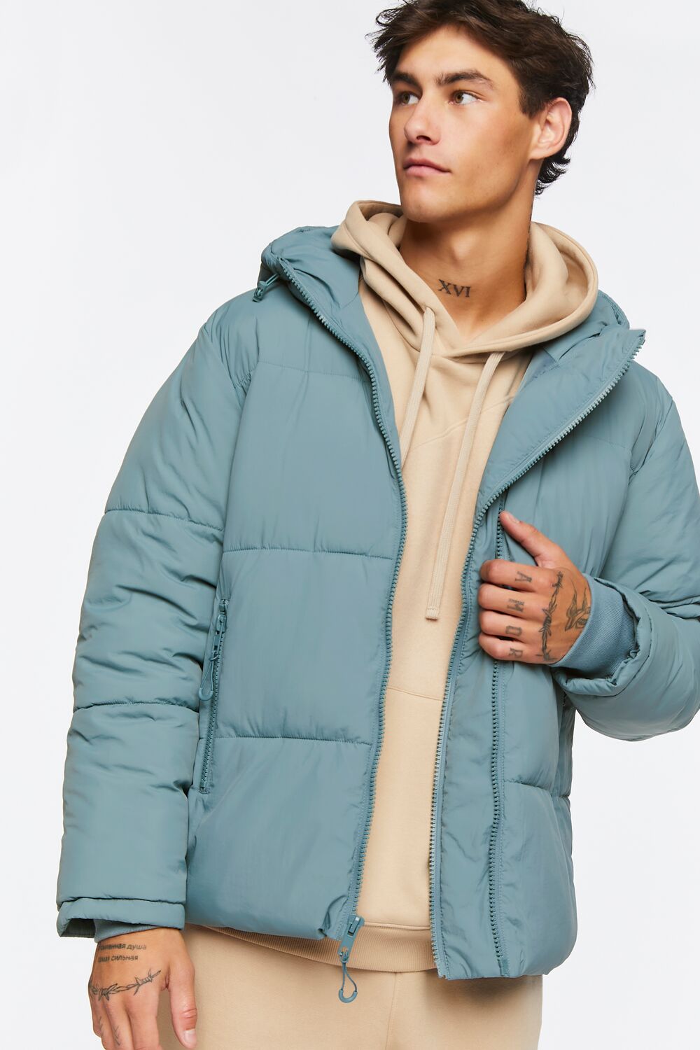  Forever 21 Zip-Up Hooded Puffer Jacket - stone-blue - Bonton