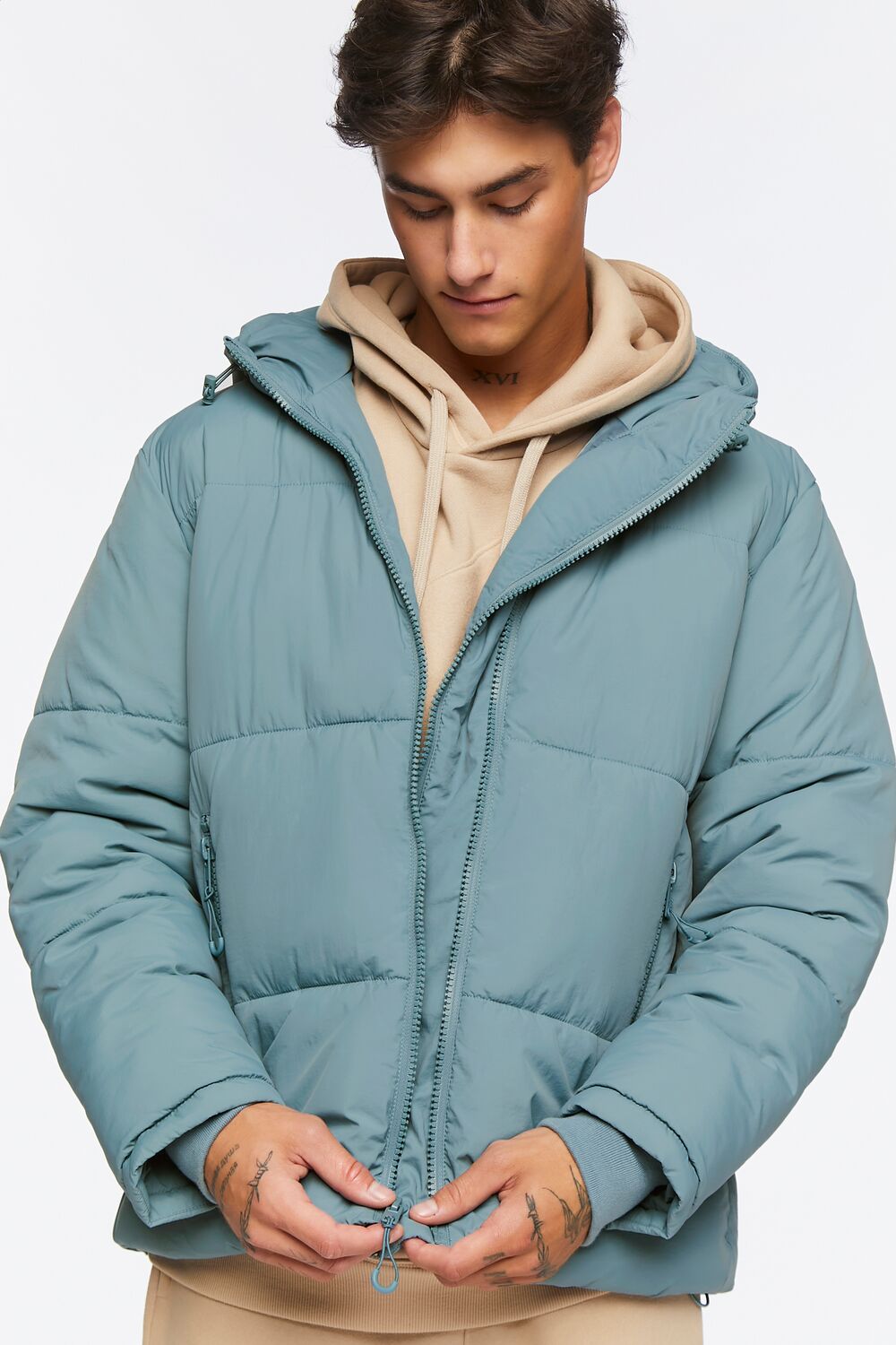  Forever 21 Zip-Up Hooded Puffer Jacket - stone-blue - Bonton