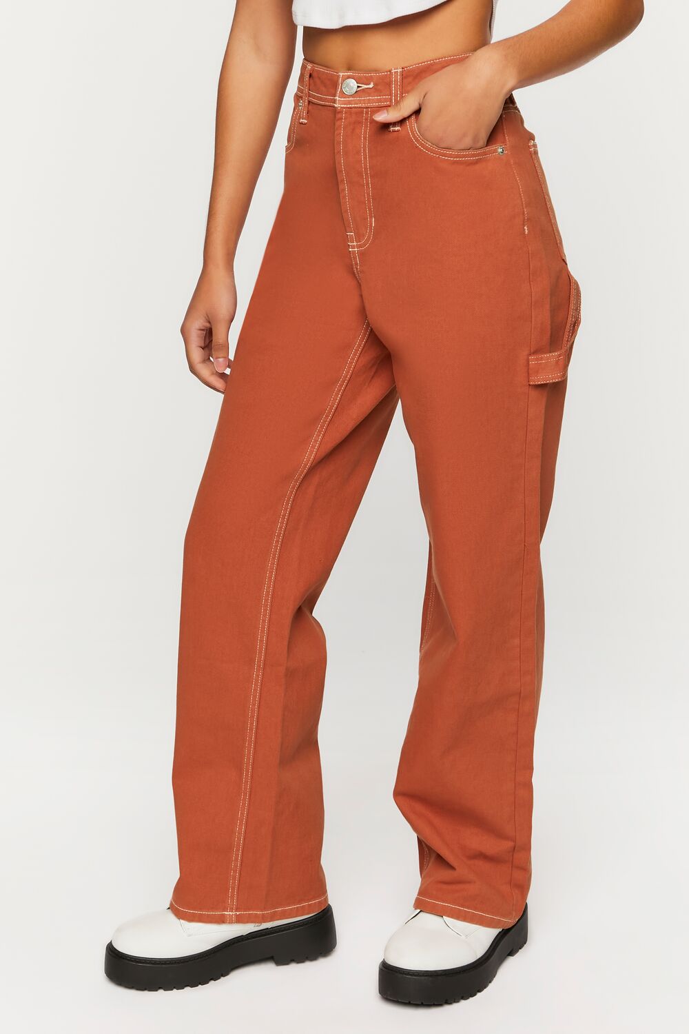  Forever 21 High-Rise Carpenter Dad Jeans - brown - Bonton