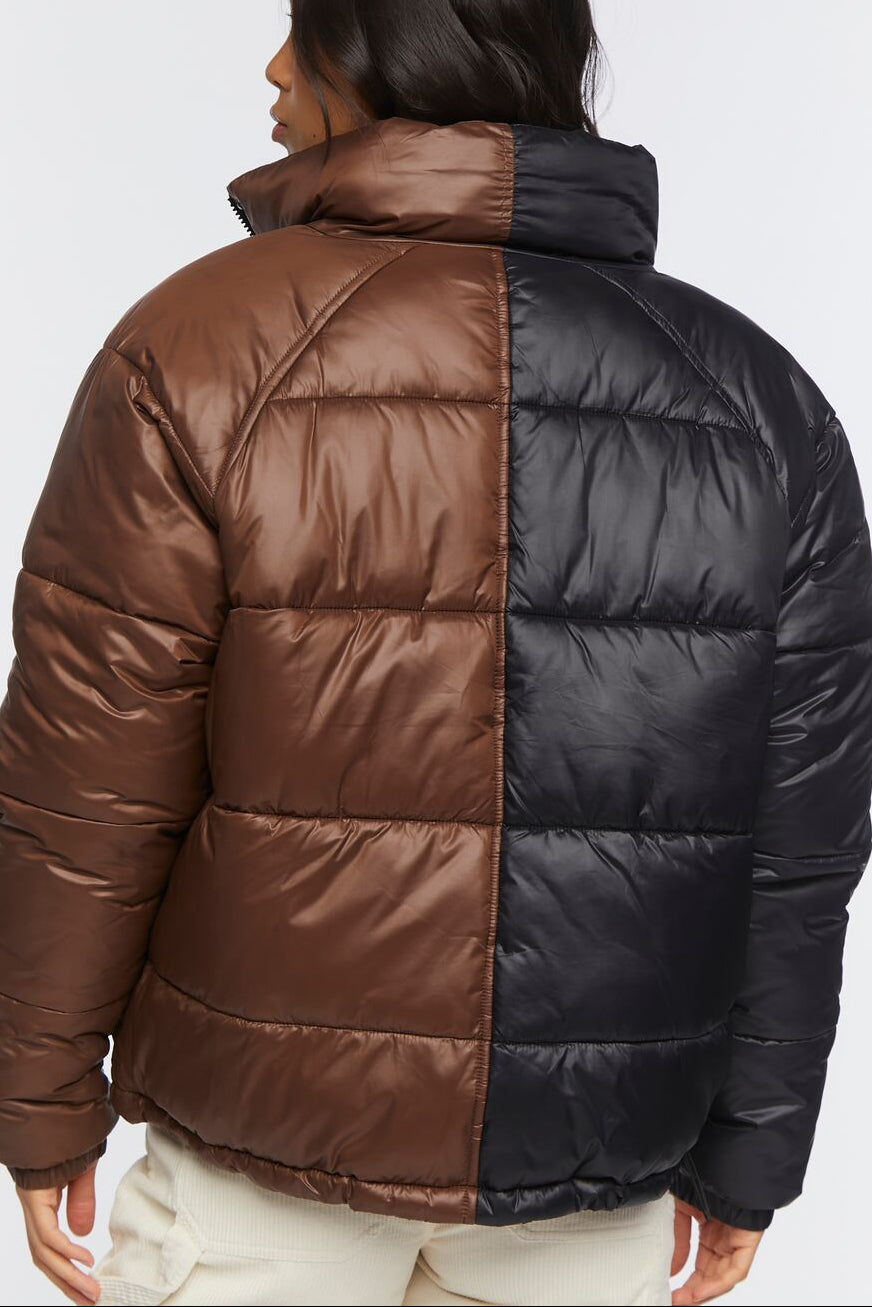  Forever 21 Colorblock Puffer Jacket - black-brown - Bonton