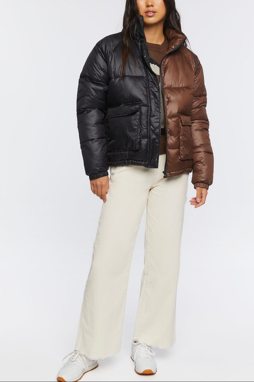  Forever 21 Colorblock Puffer Jacket - black-brown - Bonton