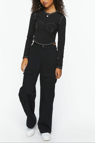 Bustier-Stitched Long-Sleeve Top