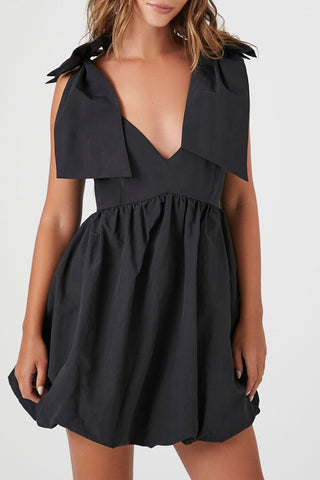 Plunging Bow Babydoll Dress