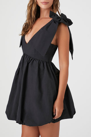Plunging Bow Babydoll Dress