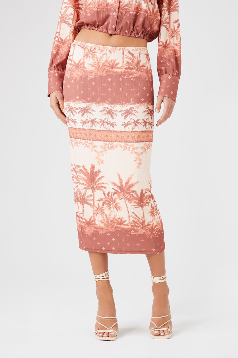  Forever 21 Tropical Print Midi Skirt - rust-multi - Bonton