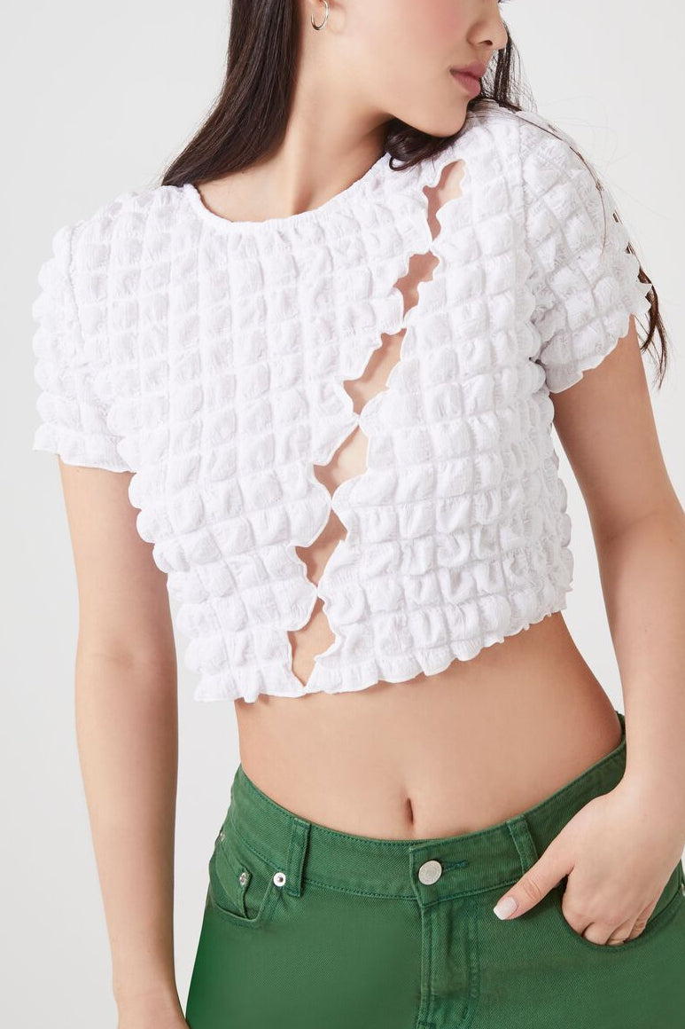  Forever 21 Textured Cutout Crop Top - white - Bonton
