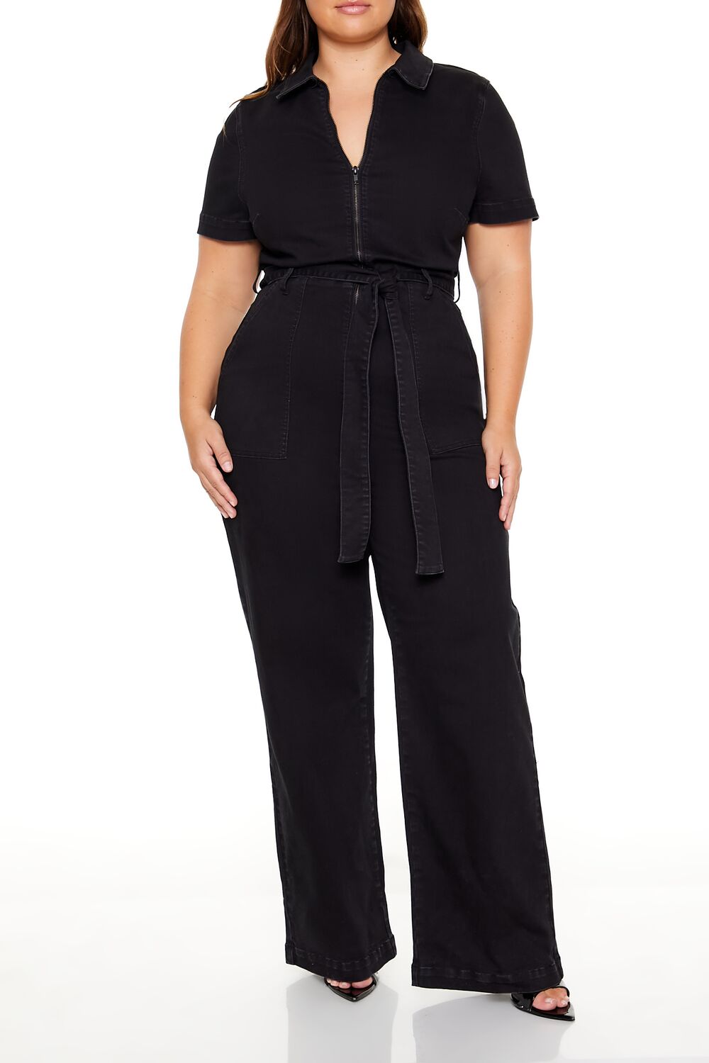  Forever 21 Plus Size Zip-Up Denim Jumpsuit - black - Bonton