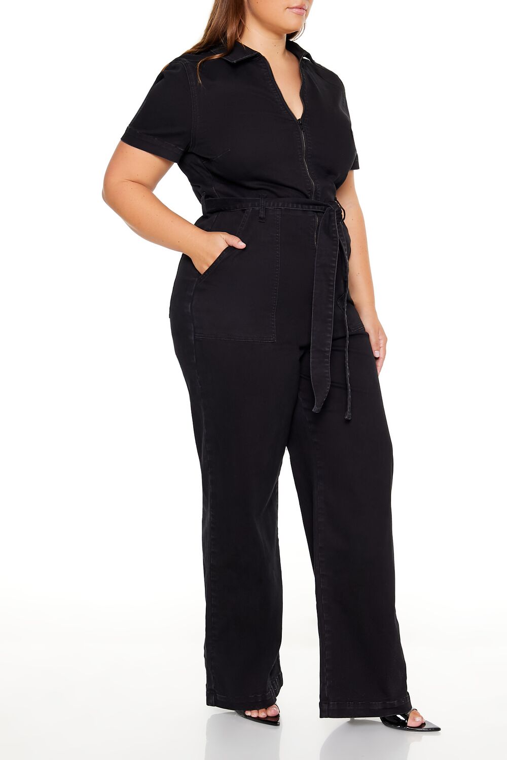  Forever 21 Plus Size Zip-Up Denim Jumpsuit - black - Bonton