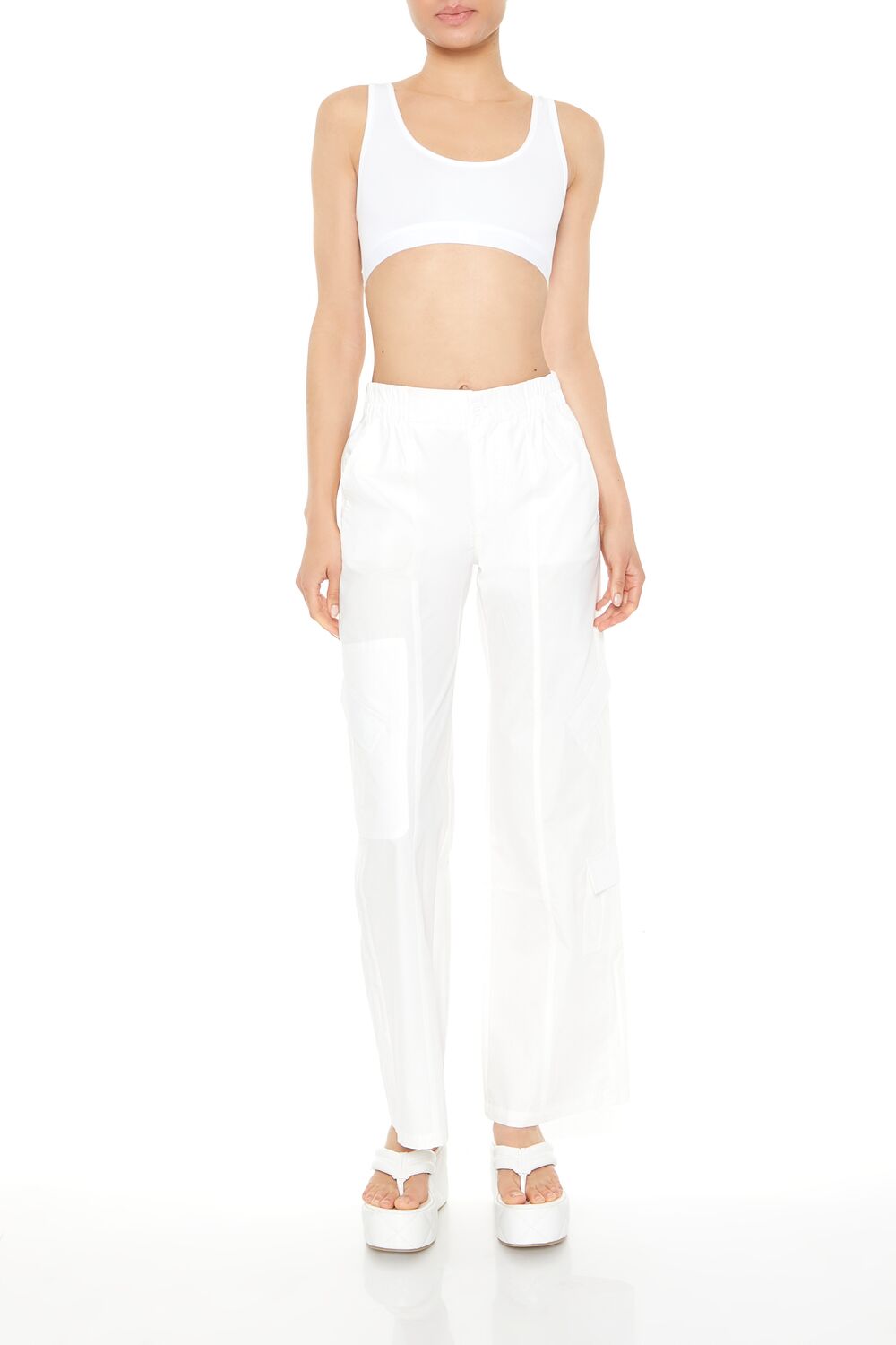  Forever 21 Mid-Rise Straight-Leg Cargo Pants - white - Bonton