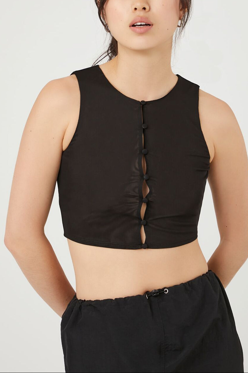  Forever 21 Button-Front Mesh Crop Top - black - Bonton