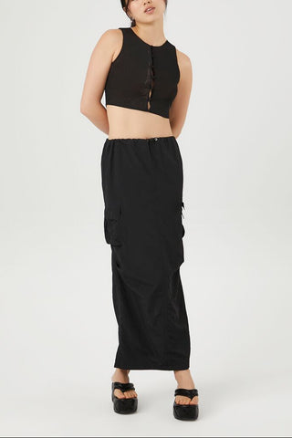 Button-Front Mesh Crop Top