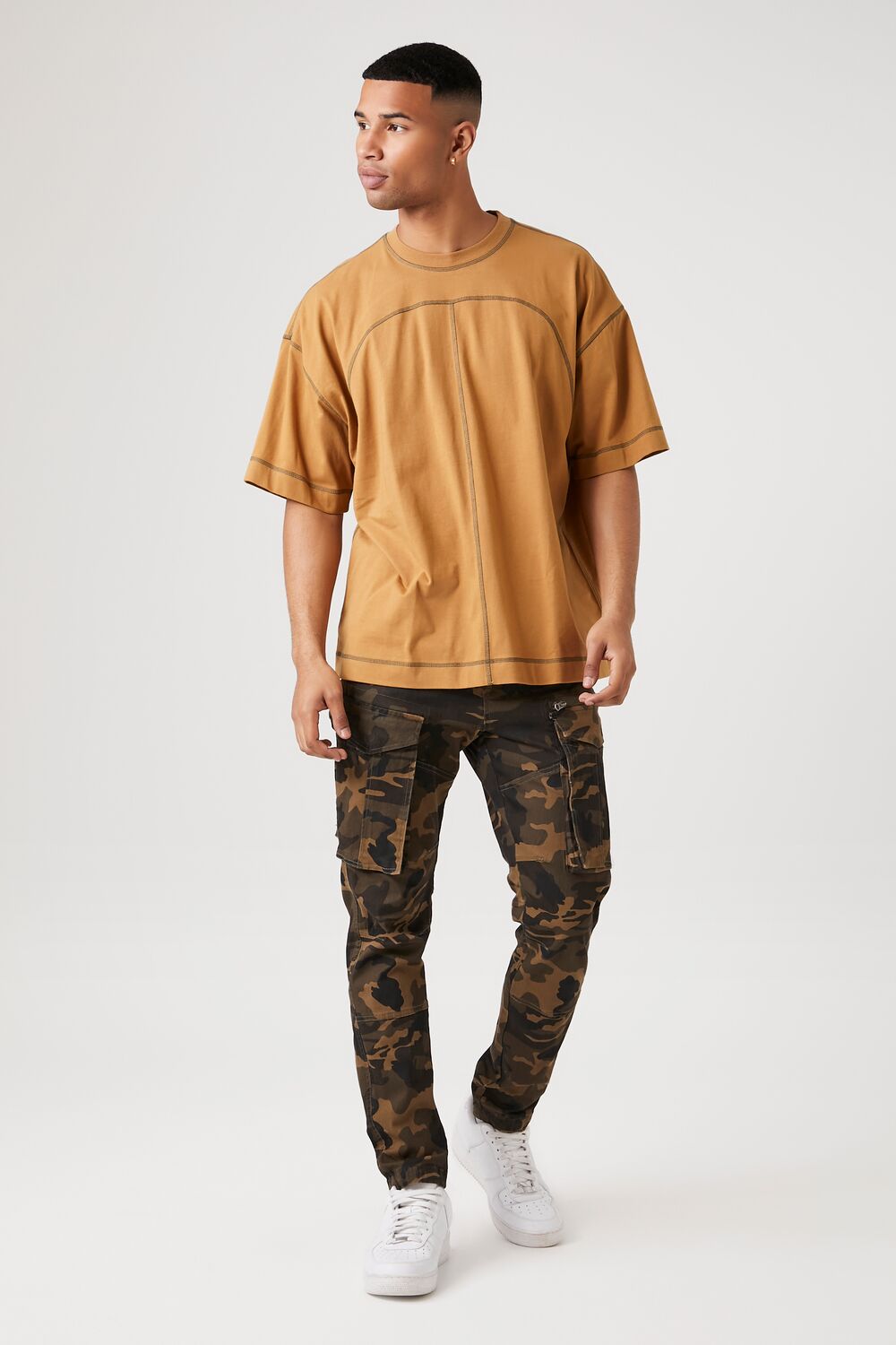  Forever 21 Contrast-Stitch Crew Neck Tee - light brown - Bonton