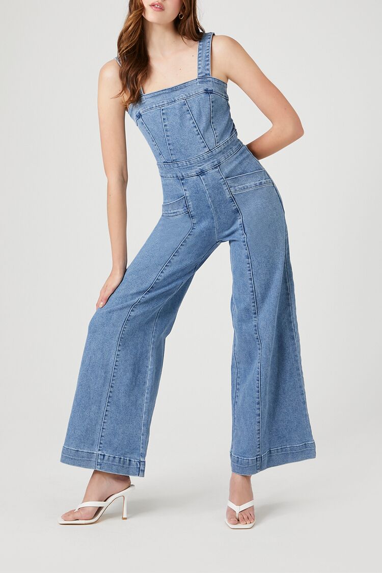  Forever 21 Wide-Leg Denim Overalls - medium-denim - Bonton