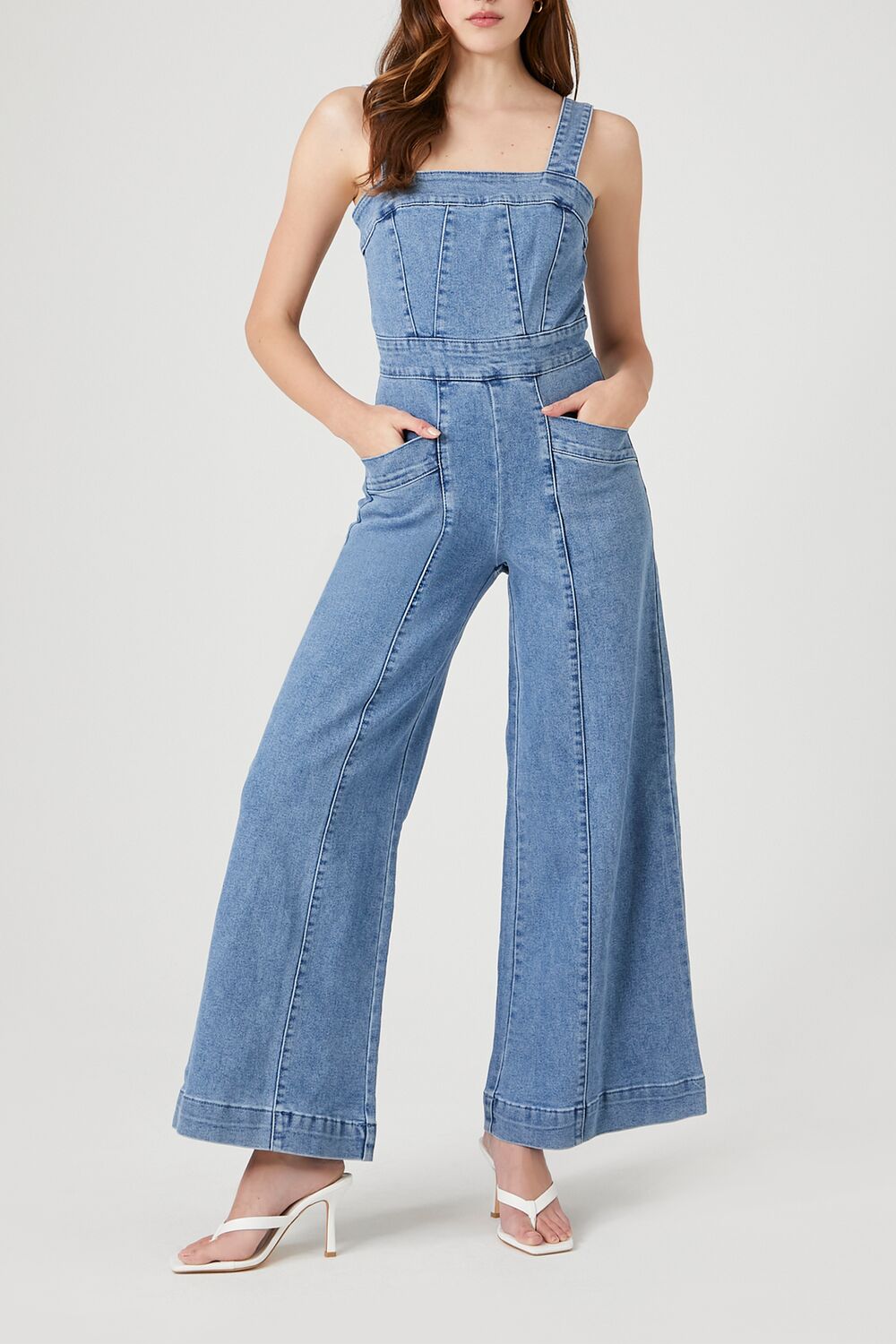  Forever 21 Wide-Leg Denim Overalls - medium-denim - Bonton