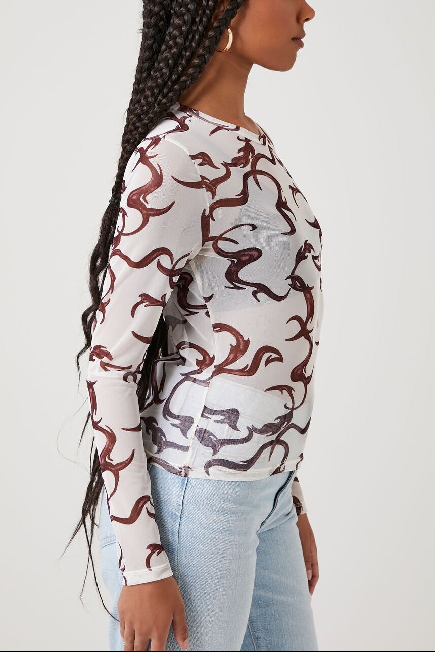  Forever 21 Mesh Abstract Print Top - brown multi - Bonton