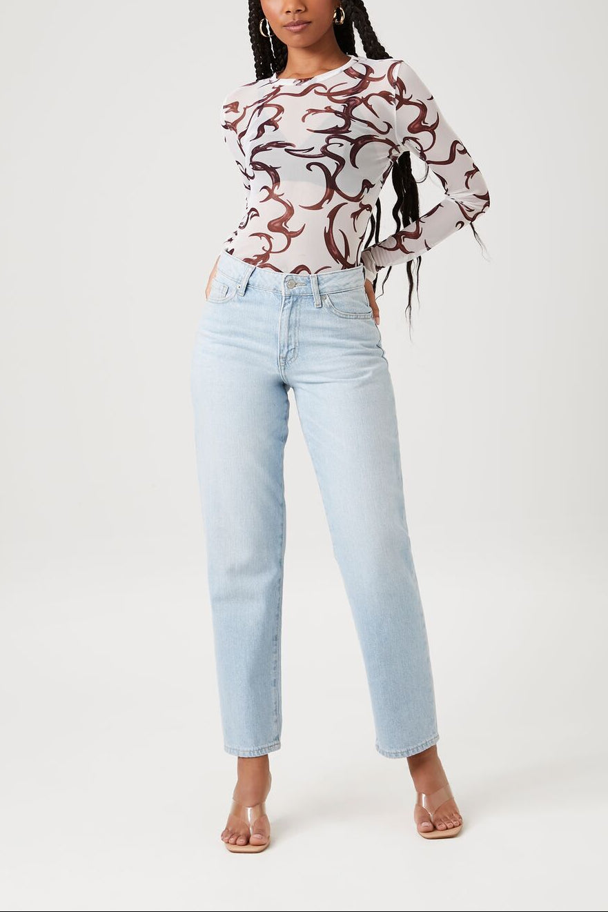  Forever 21 Mesh Abstract Print Top - brown multi - Bonton