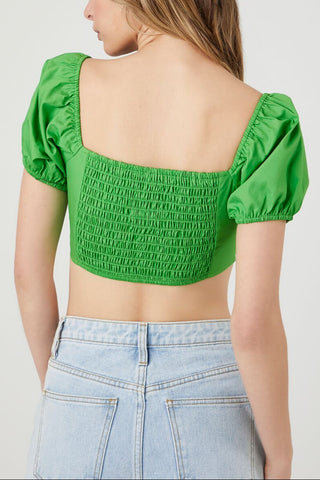 Puff-Sleeve Poplin Bustier Crop Top