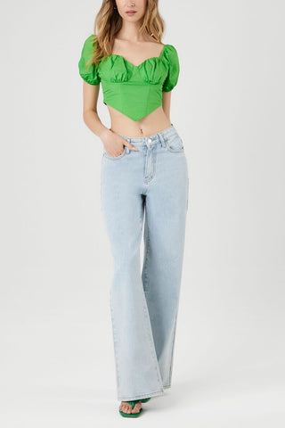 Puff-Sleeve Poplin Bustier Crop Top