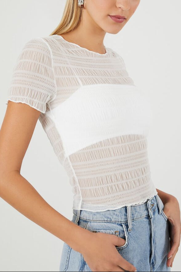  Forever 21 Sheer Mesh Lettuce-Edge Tee - white - Bonton