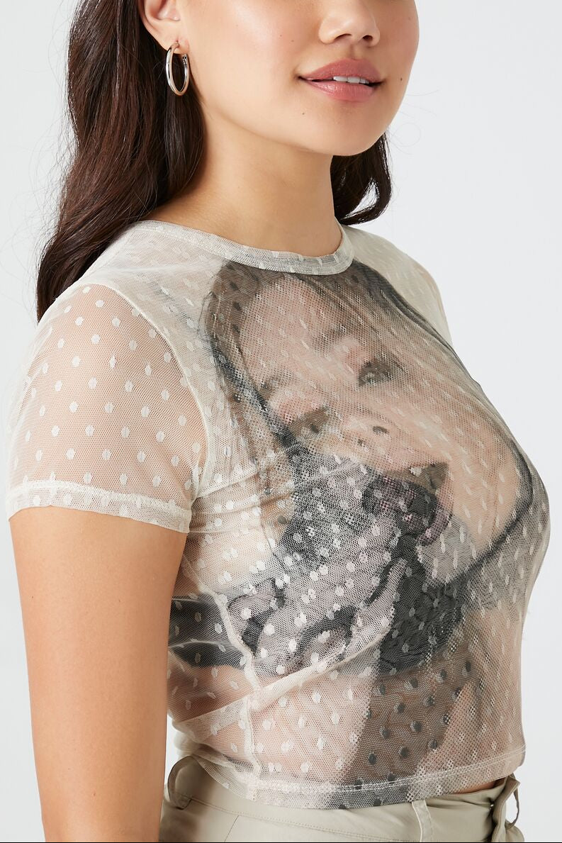  Forever 21 Mesh Graphic Baby Tee - tan multi - Bonton
