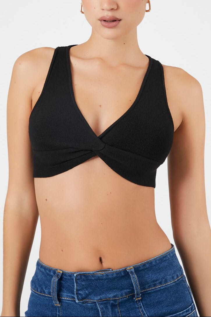  Forever 21 Sweater-Knit Twist-Front Crop Top - black - Bonton