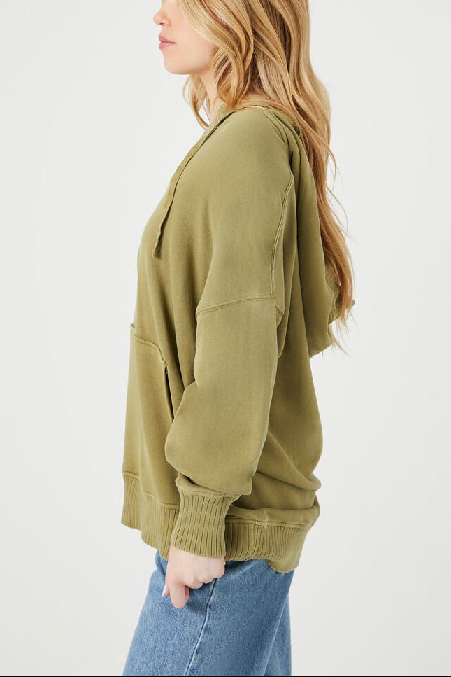  Forever 21 French Terry Drop-Sleeve Hoodie - olive - Bonton
