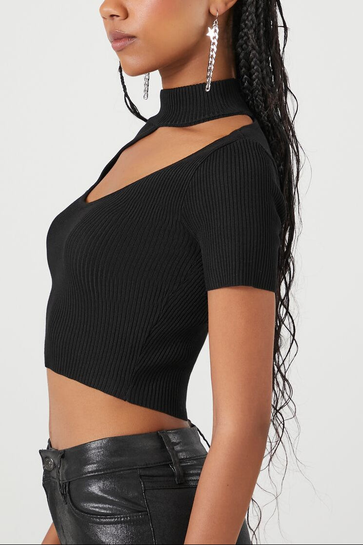  Forever 21 Sweater-Knit Cutout Crop Top - black - Bonton