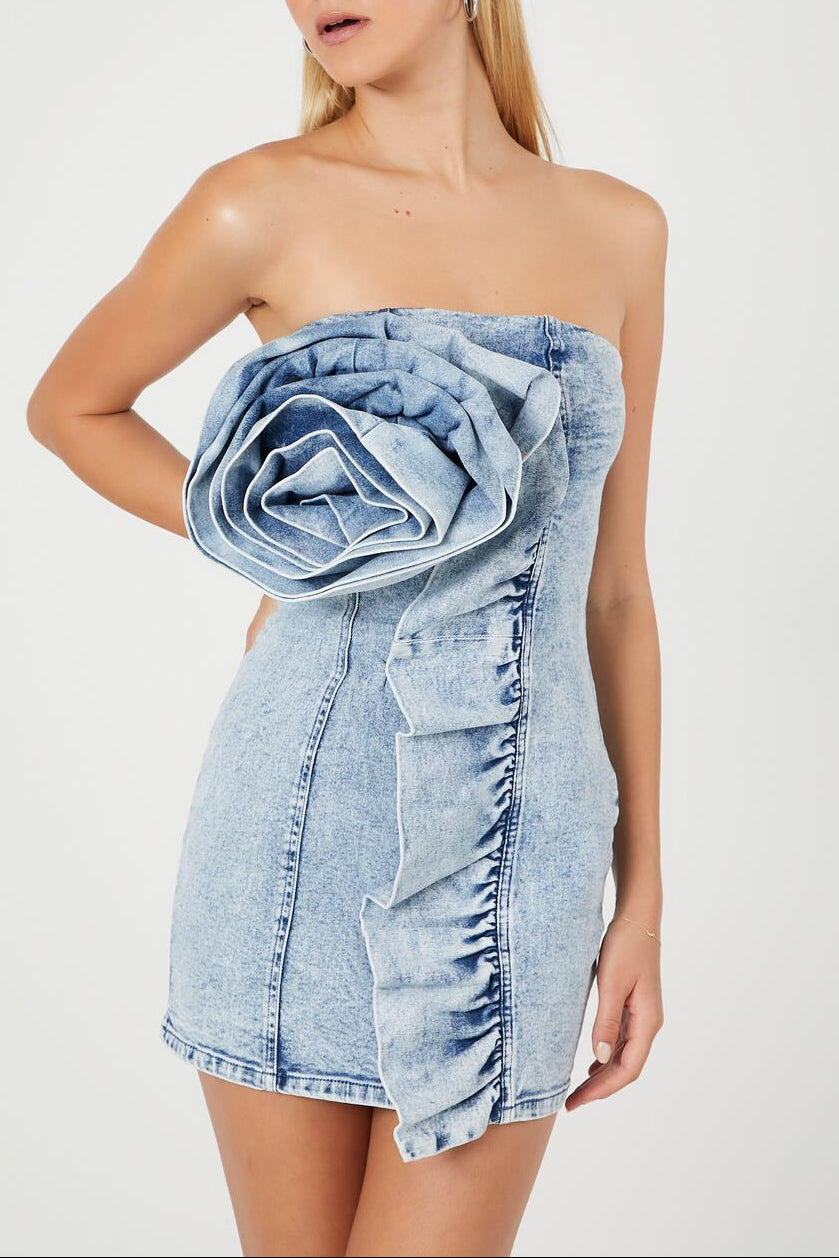 Forever 21 Rosette Denim Mini Tube Dress - light-denim - Bonton