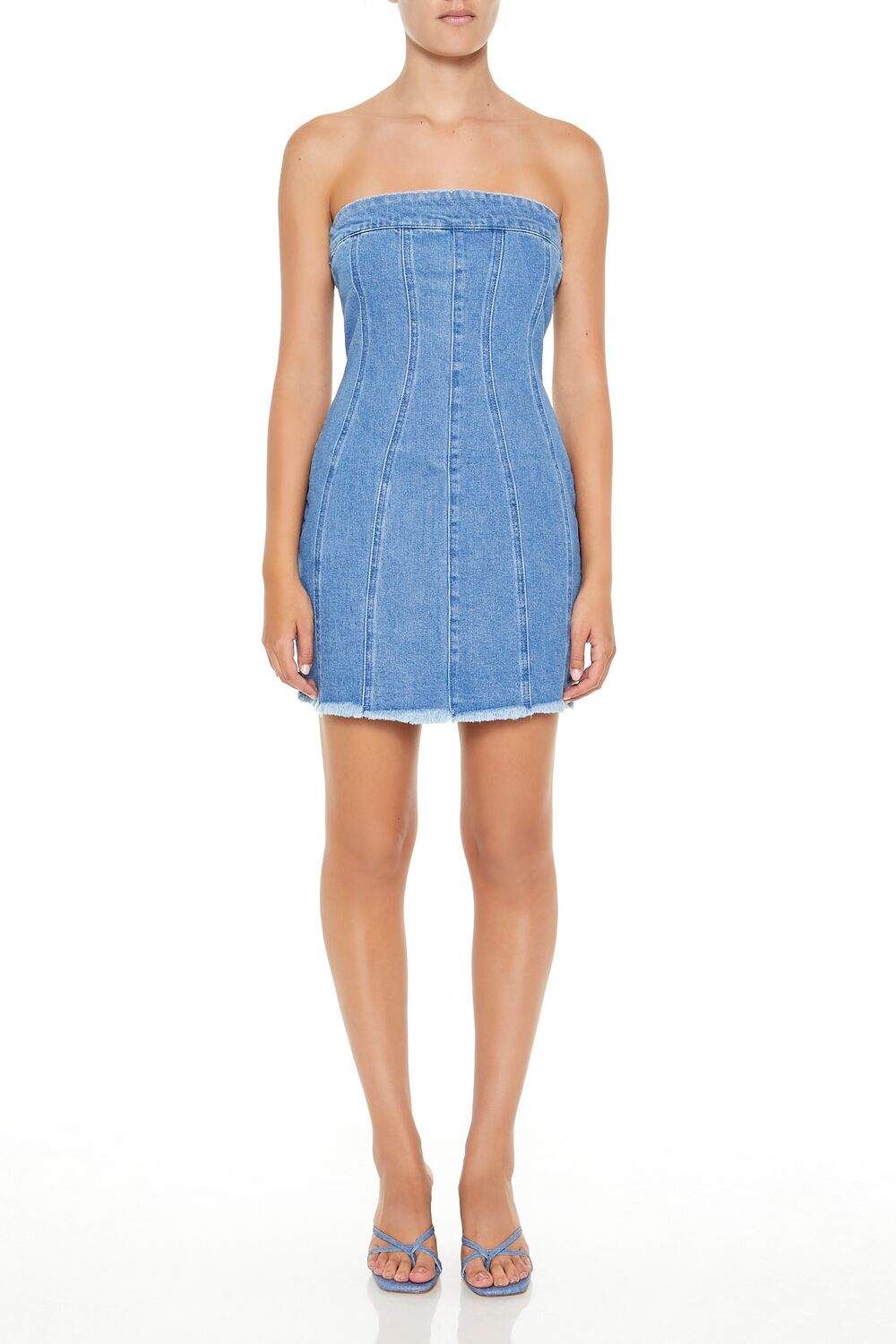  Forever 21 Frayed Denim Tube Mini Dress - medium-denim - Bonton