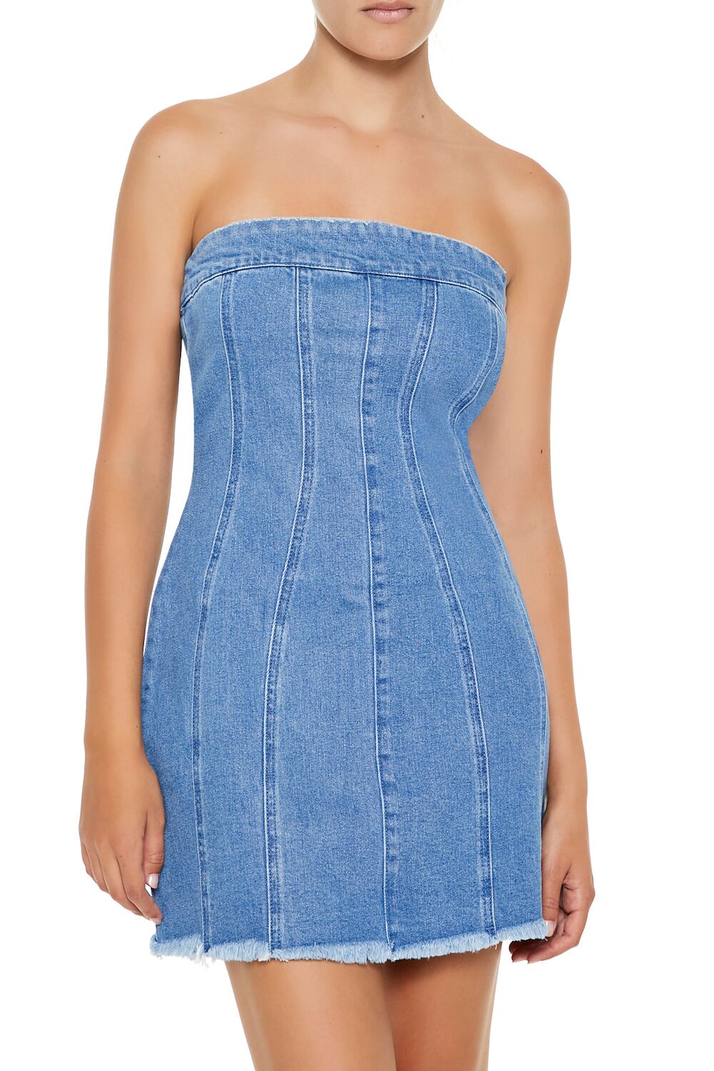  Forever 21 Frayed Denim Tube Mini Dress - medium-denim - Bonton