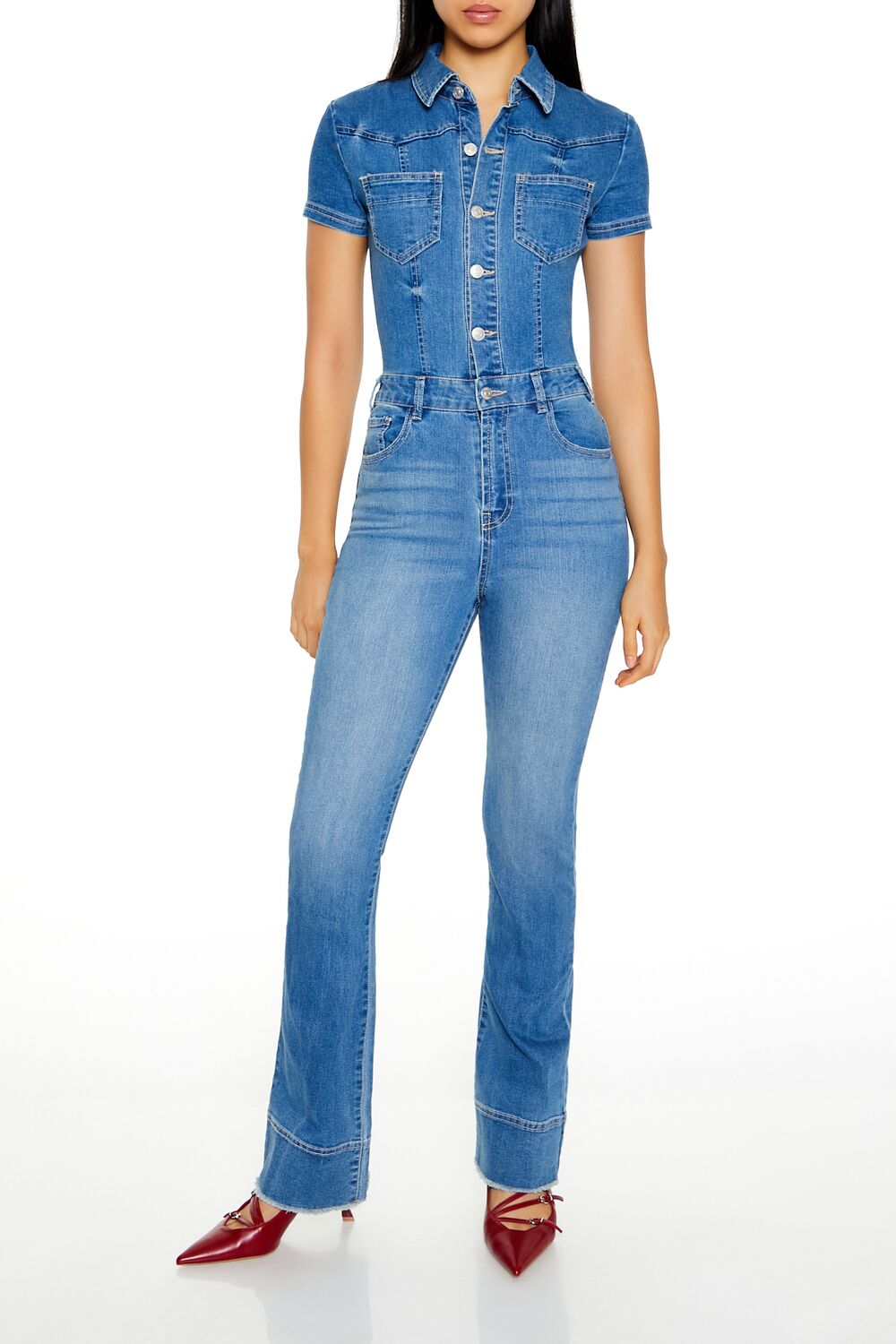  Forever 21 Flare Leg Denim Jumpsuit - medium-denim - Bonton