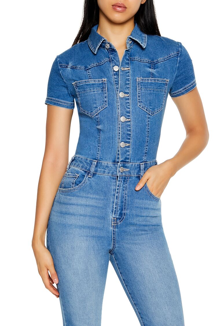  Forever 21 Flare Leg Denim Jumpsuit - medium-denim - Bonton