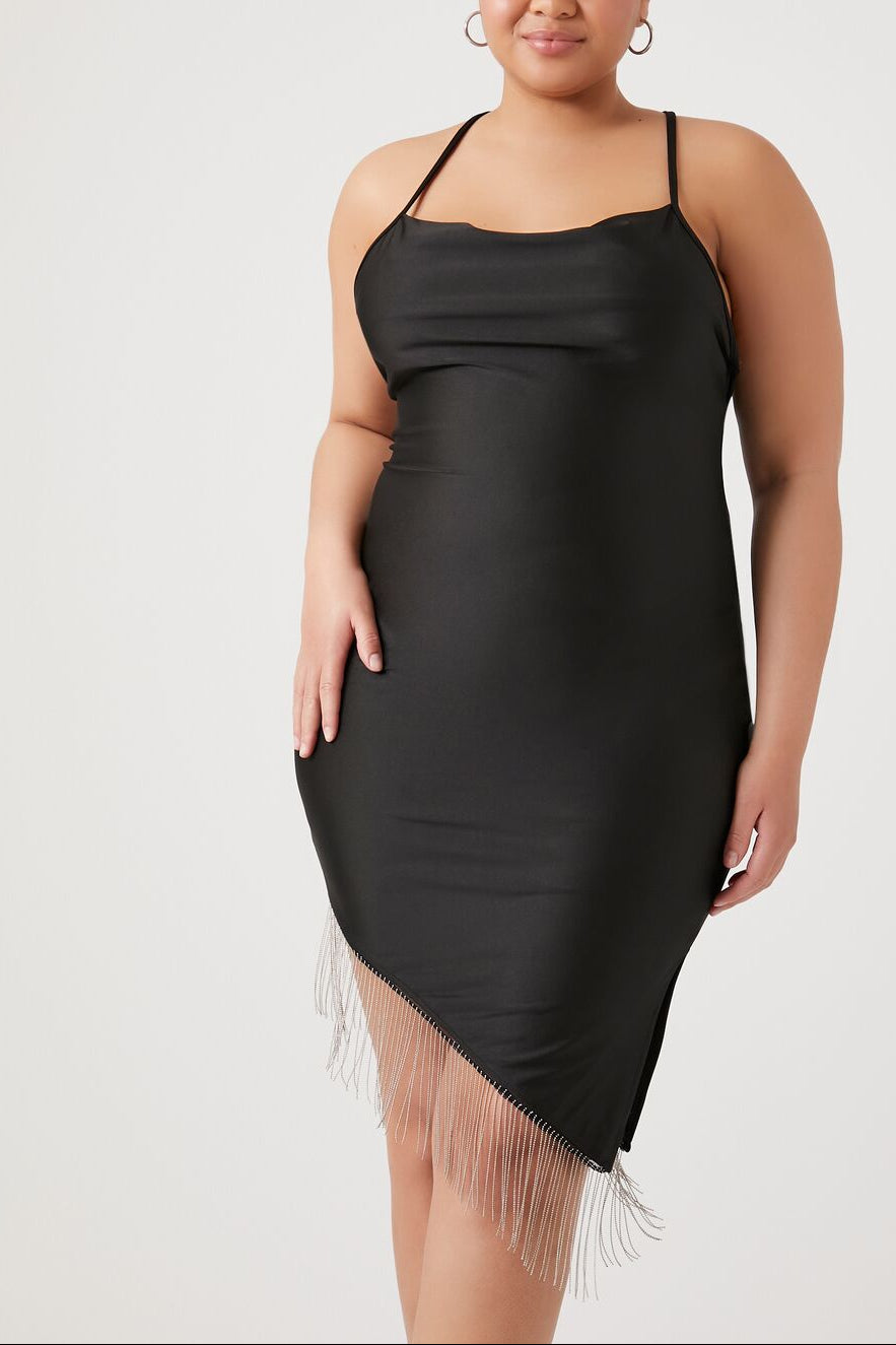  Forever 21 Plus Size Satin Asymmetrical Fringe Dress - black-swatch - Bonton