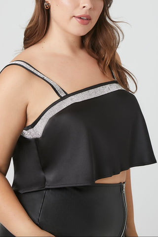 Plus Size Satin Rhinestone-Trim Crop Top