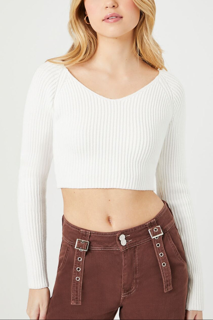  Forever 21 Cropped Rib-Knit Sweater - white - Bonton