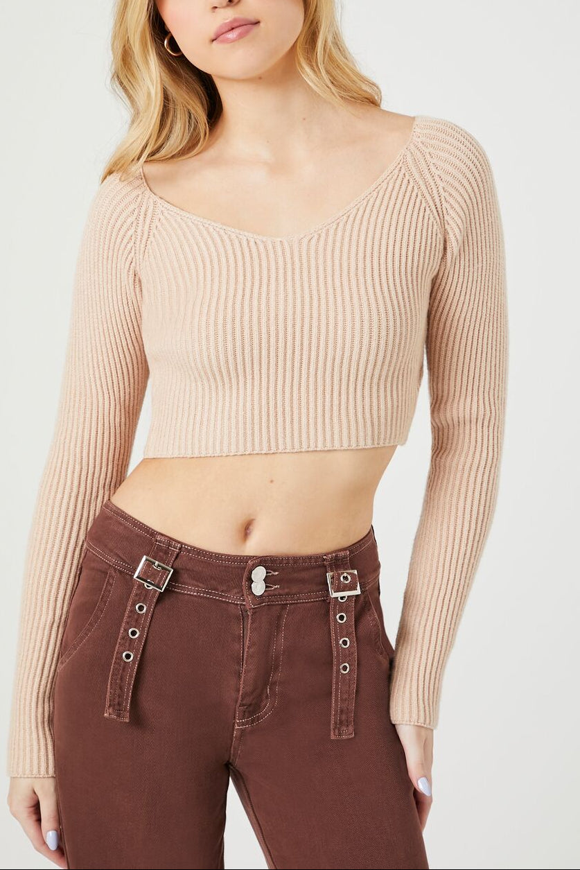  Forever 21 Cropped Rib-Knit Sweater - white - Bonton