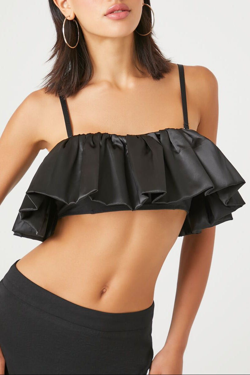  Forever 21 Satin Ruffle Cropped Cami - black - Bonton