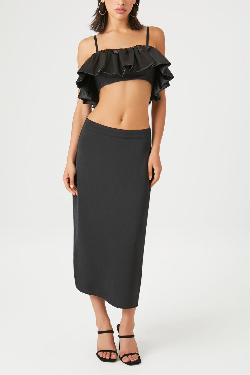  Forever 21 Satin Ruffle Cropped Cami - black - Bonton