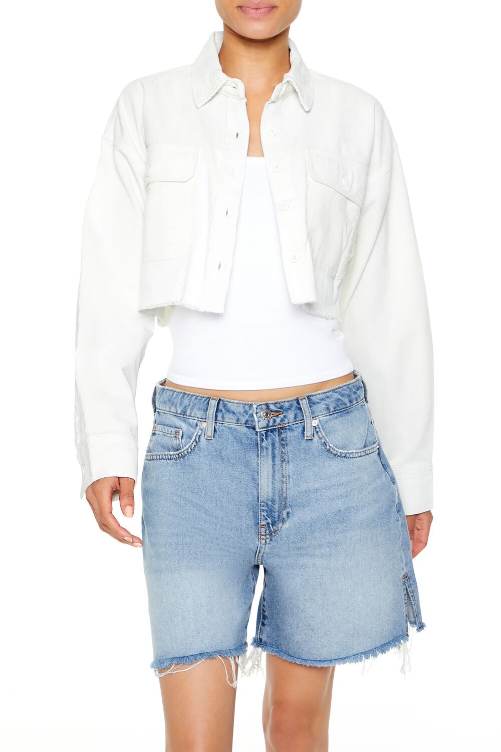  Forever 21 Cropped Corduroy Shirt - cream - Bonton