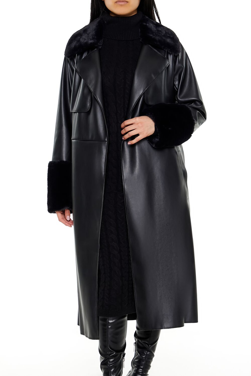  Forever 21 Faux Fur-Trim Trench Coat - black-swatch - Bonton