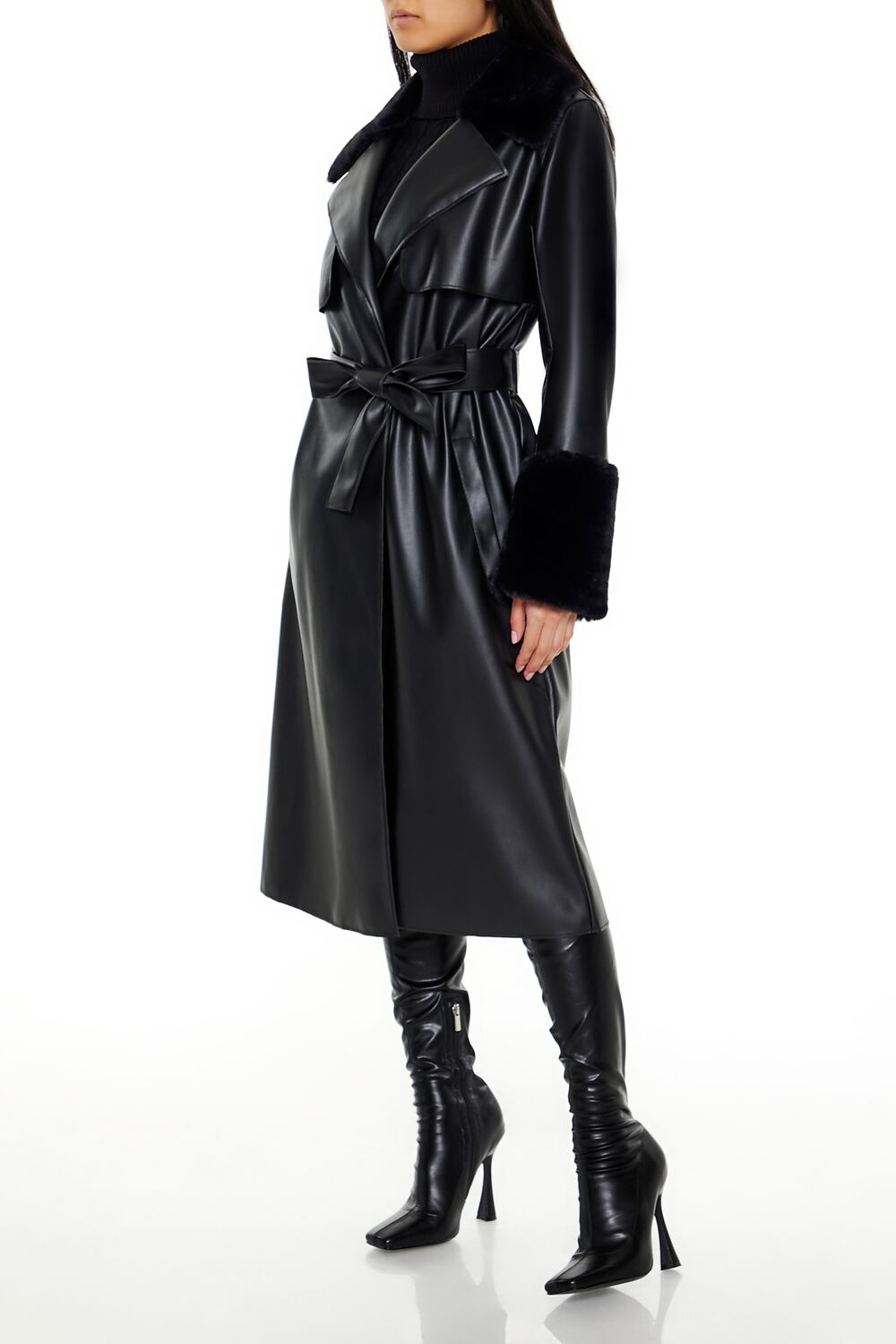  Forever 21 Faux Fur-Trim Trench Coat - black-swatch - Bonton
