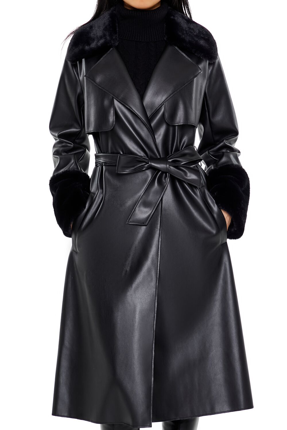  Forever 21 Faux Fur-Trim Trench Coat - black-swatch - Bonton