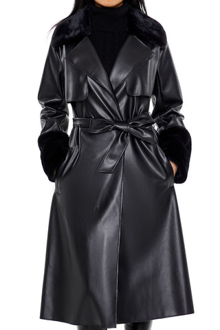 Faux Fur-Trim Trench Coat