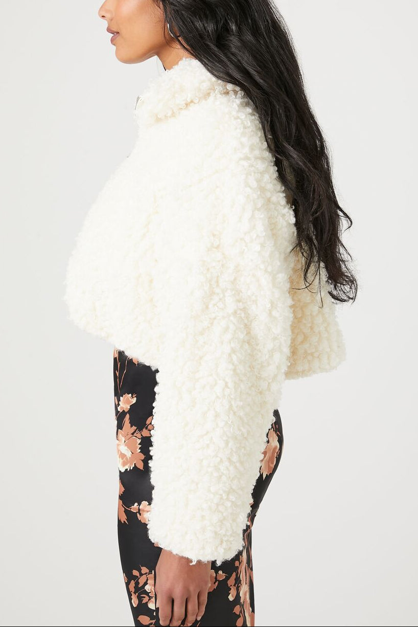  Forever 21 Faux Shearling Cropped Moto Jacket - vanilla - Bonton