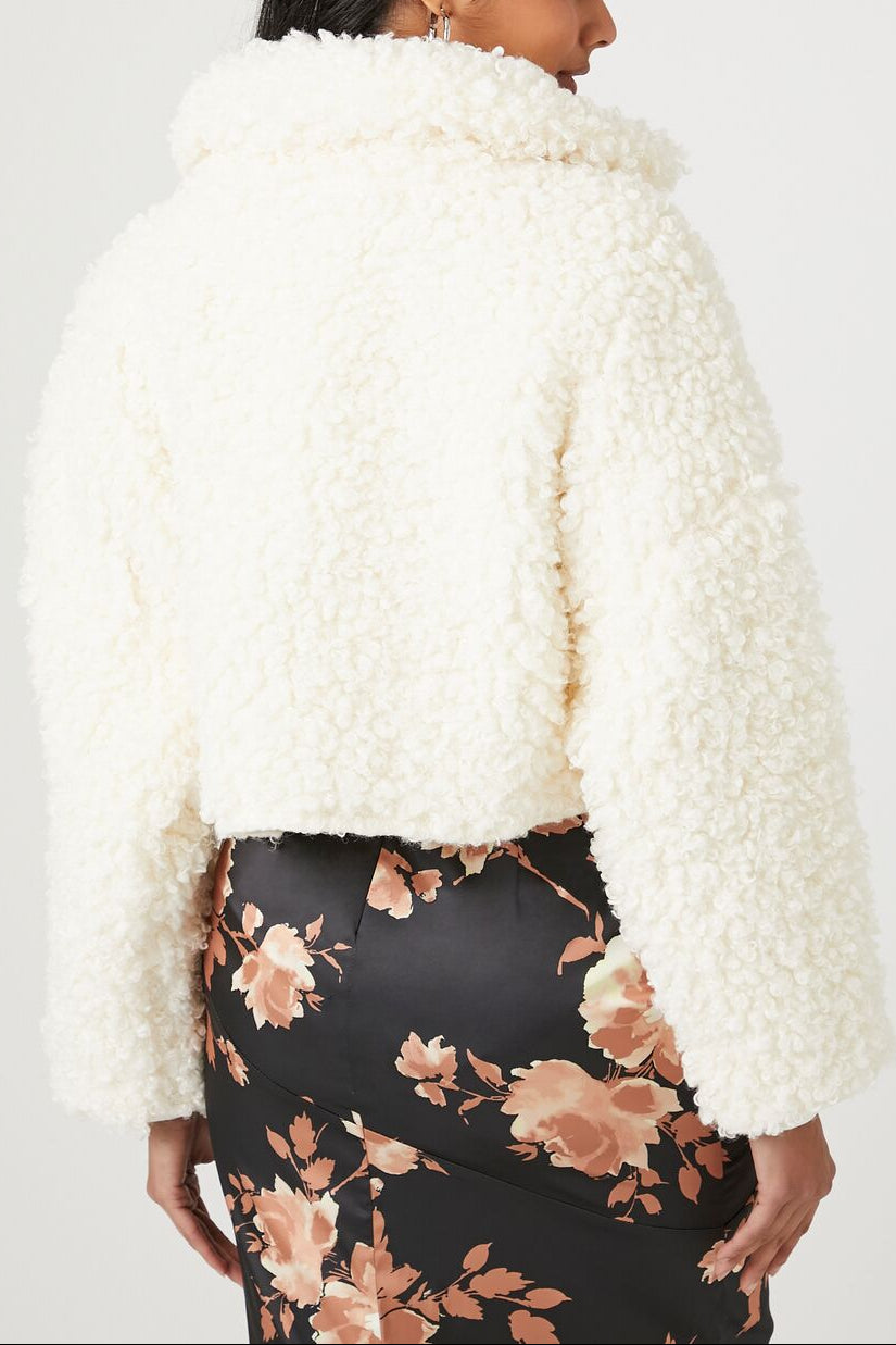  Forever 21 Faux Shearling Cropped Moto Jacket - vanilla - Bonton