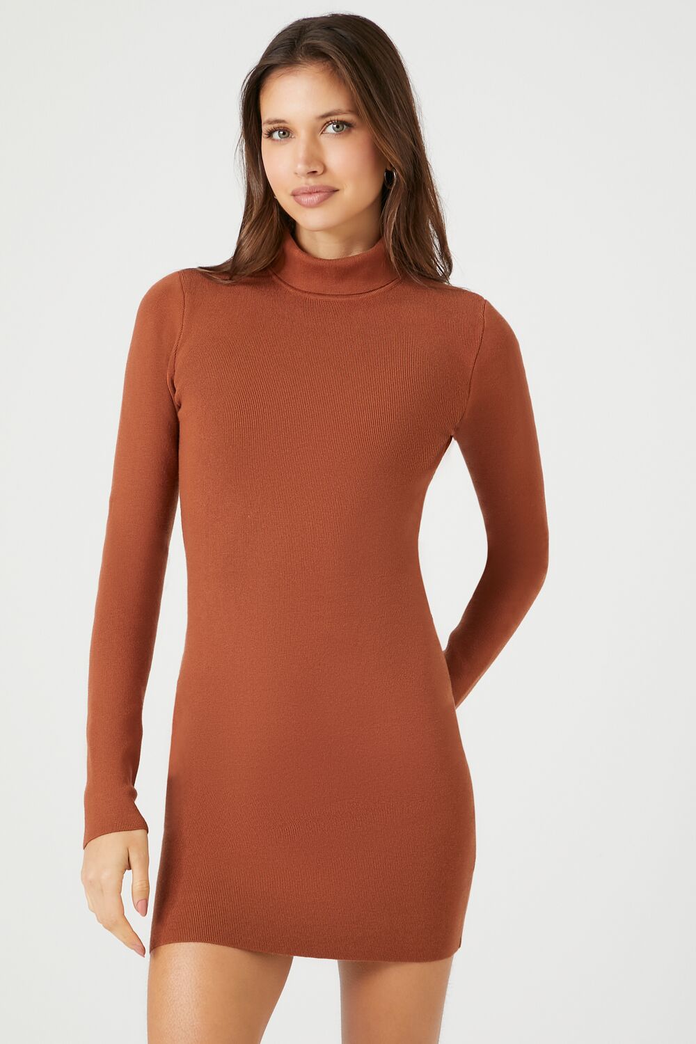  Forever 21 Turtleneck Mini Sweater Dress - chestnut-swatch - Bonton