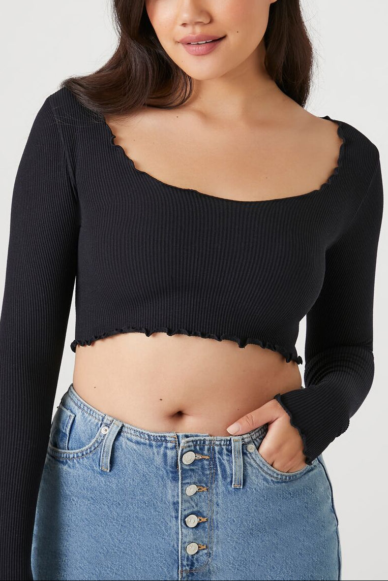  Forever 21 Seamless Lettuce-Edge Crop Top - black - Bonton