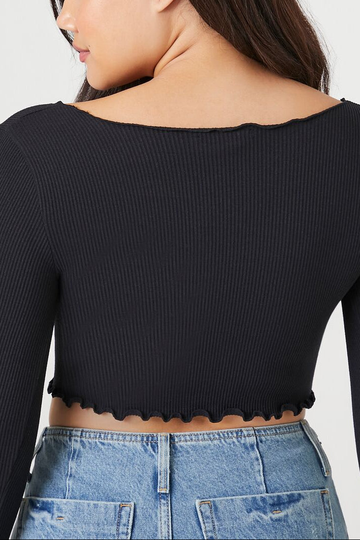  Forever 21 Seamless Lettuce-Edge Crop Top - black - Bonton