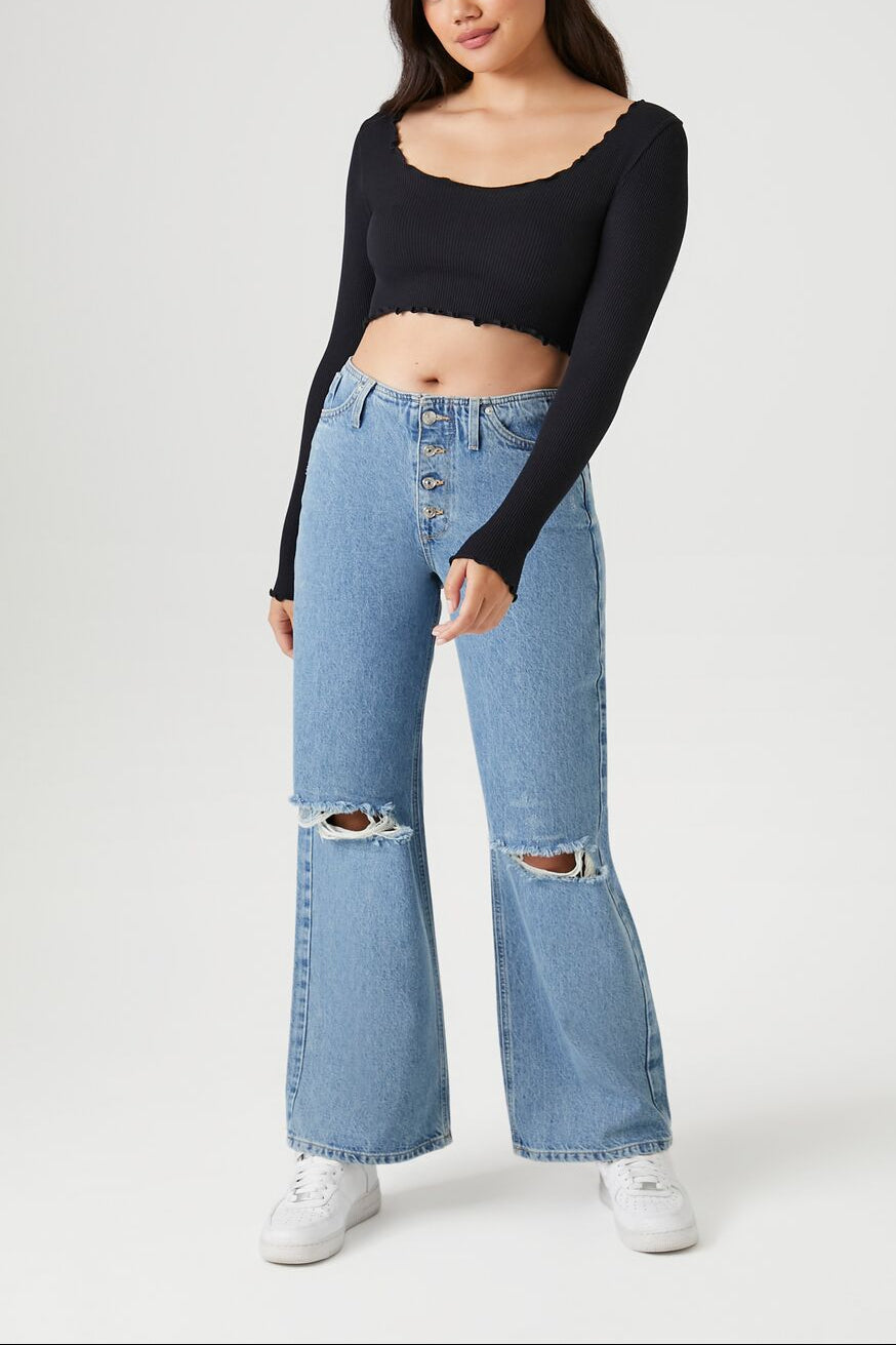  Forever 21 Seamless Lettuce-Edge Crop Top - black - Bonton