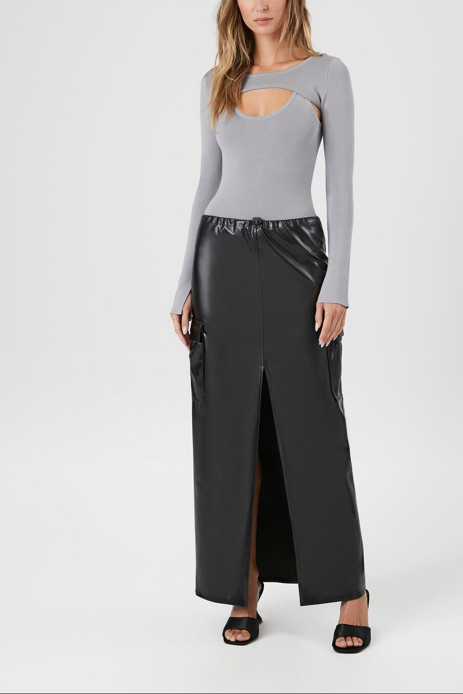  Forever 21 Faux Leather Toggle Drawstring Midi Skirt - black - Bonton